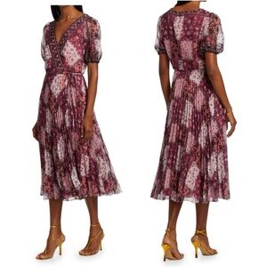 MARCHESA Notte Floral Pleated A-Line Faux Wrap Short Sleeve Midi-Dress Size 6